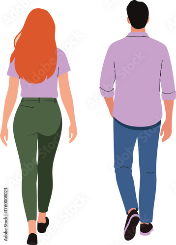Couple walking away together in casual clothes vector illustration with purple and green colors natural scene 