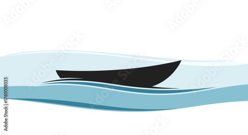 Minimalist Boat Floating On Blue Waves Against a Pure Black Background Silhouette