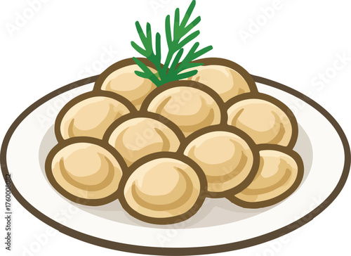 Plate of dumplings with dill garnish food