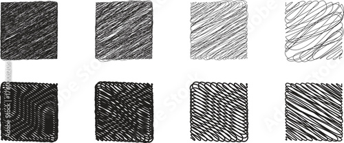 Set of hand-drawn sketch textures with various pencil and scribble styles. Artistic shading patterns ideal for backgrounds, design elements, or illustration projects. Perfect for creative graphic use.