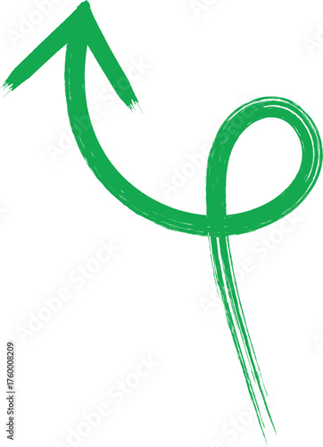 Green curved arrow brush stroke pointing upward on white background. Abstract paint style swirl line showing growth, success, or direction. Perfect for business, eco, or creative design concepts.