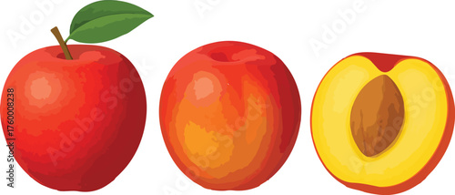 Red apple and peach with peach cut in half cut peach