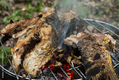 Cooking fish steaks on the grill.