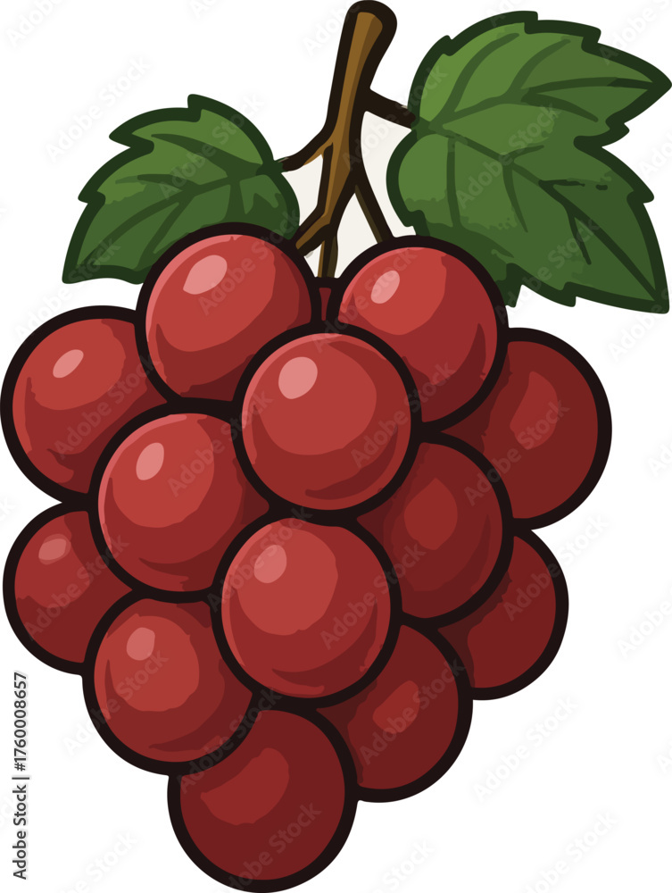 Fototapeta premium Red Grapes Bunch with Green Leaves fruit bunch of grapes