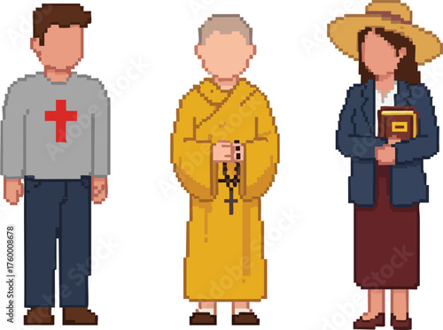 Diverse religious people pixel art vector illustration featuring male Christian, Buddhist monk, and female believer with book and hat 