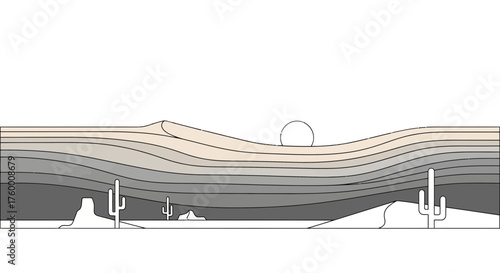 Minimalist Desert Landscape Illustration Depicting Sunrise or Sunset Over Sand Dunes