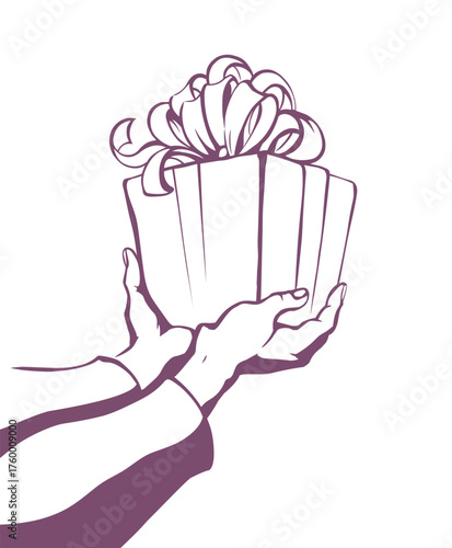 The hand gives a gift. Vector drawing