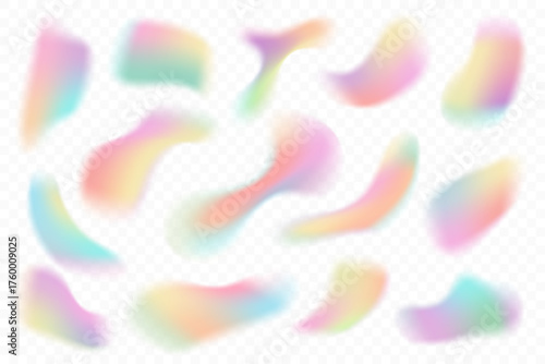 Abstract blurred gradient shapes. Pastel colored mesh fluid liquid elements  isolated on white background. Soft light blobs with aura gradation. Blended vibrant vector multicolor figures