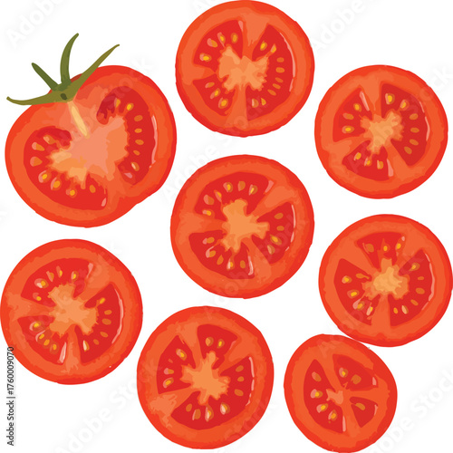 Red tomato slices and whole tomato with green stem