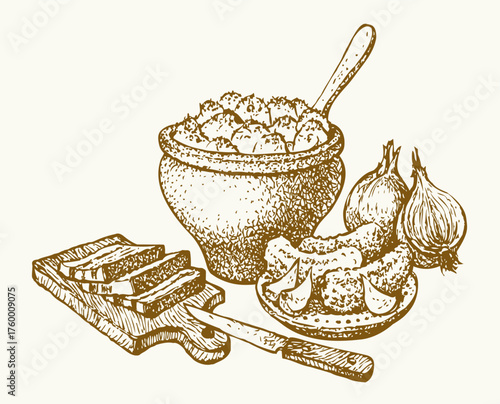 Vector still life. Traditional Slavic food: potatoes in a clay pot