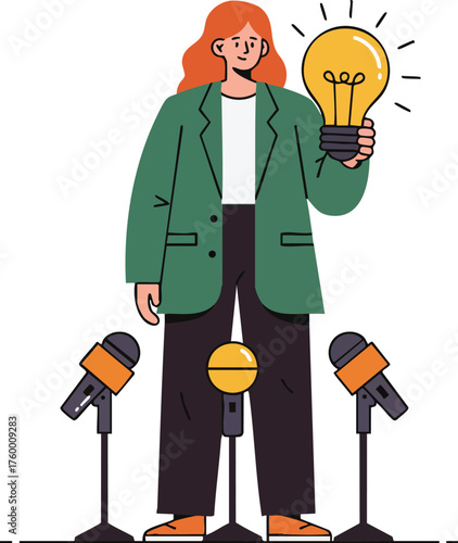 Woman holding glowing light bulb idea concept with microphones vector illustration