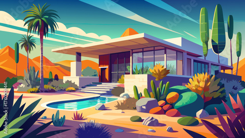 Very beautiful view of Kaufmann’s Desert House in Palm Springs, surrounded by diverse cacti and succulents, blending modern architecture with the serene desert landscape and radiant blue sky.