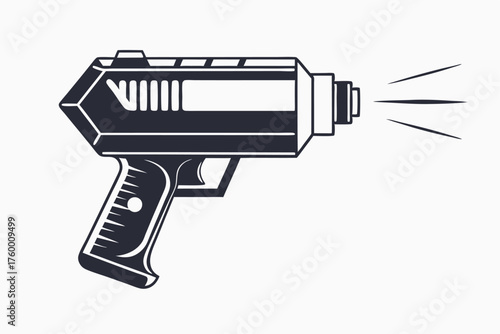 A monochrome drawing presents a retro laser gun firing a beam against a light background