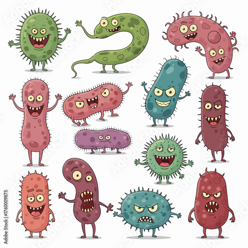 Cartoon viruses. Germ and bacteria with evil faces. Bad pathogen microbe character. Coronavirus and flu disease bacterium monster  set. Illustration character scary virus, microbe and bacteria