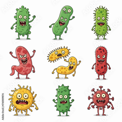 Cartoon viruses. Germ and bacteria with evil faces. Bad pathogen microbe character. Coronavirus and flu disease bacterium monster  set. Illustration character scary virus, microbe and bacteria
