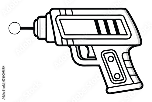 Futuristic blaster with thick black outline and circle element evokes space fantasy