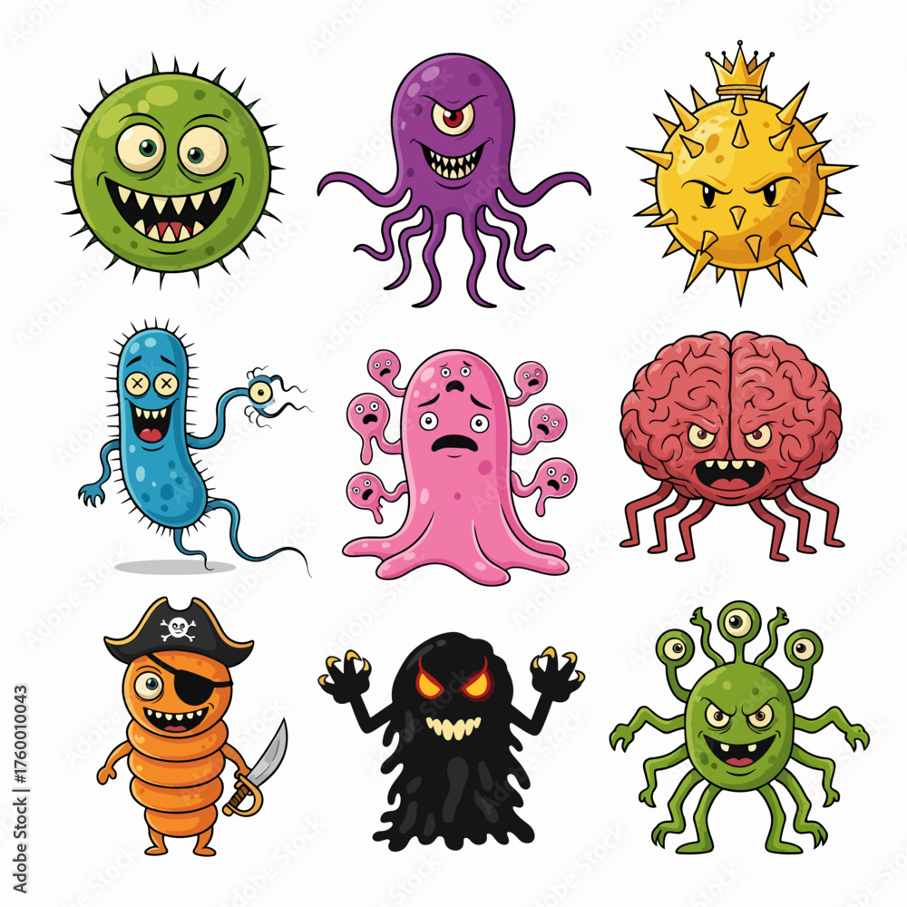 Fototapeta premium Cartoon bacteria mascot. Virus character, bacterias with funny faces. Color microbes and disease viruses isolated vector illustration set. Monster creature organism, bacteria and microbe