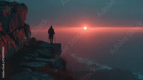 Wallpaper Mural Adventure travel silhouette of a person hiking on a mountain rock at sunset toward the sky and sun Torontodigital.ca