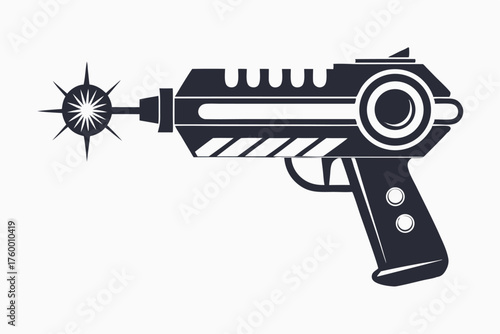 A vintage space blaster in solid dark gray and white presents retrofuturistic armament