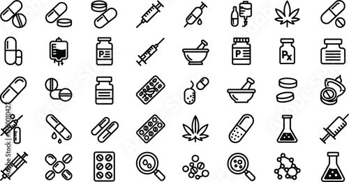 Collection of hand drawn medical and pharmaceutical icons representing healthcare and science research