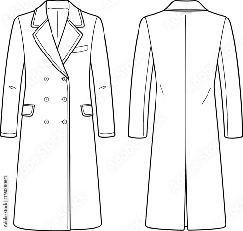 Double-breasted coat sketch, fashion CAD drawing, flat vector illustration, contrast piping detail, front and back view, garment construction elements