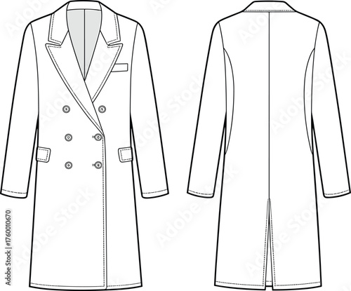 Double-breasted overcoat sketch, fashion CAD drawing, flat vector illustration, welt and flap pockets, front and back view, garment construction details