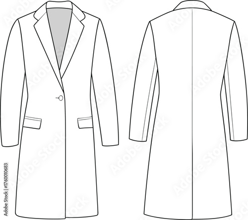 Tailored coat technical sketch, fashion CAD drawing, flat vector illustration, single-button coat design, front and back view, garment construction details