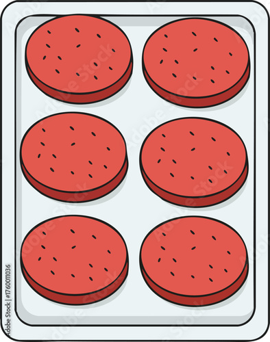 Raw hamburger patties on metal tray cooking preparation vector illustration food ingredient design 