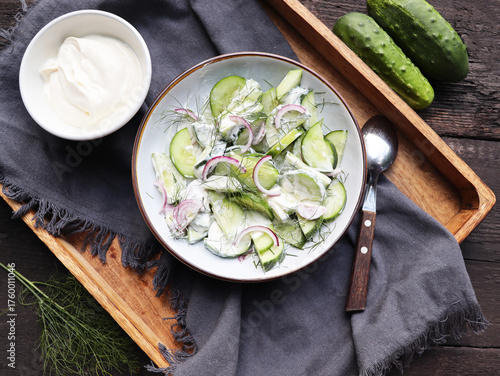 Cucumber with red onion and dill salad in yogurt dressing