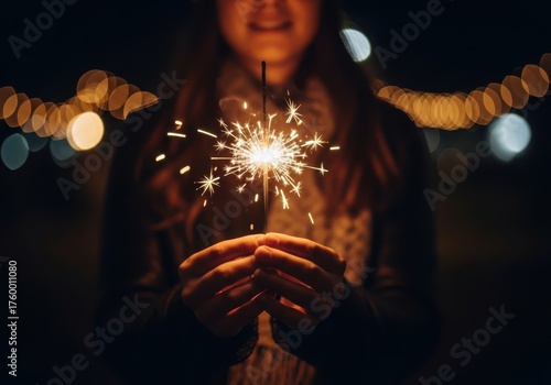 Joyful hands hold bright sparkler during festive celebration evening outdoor lights