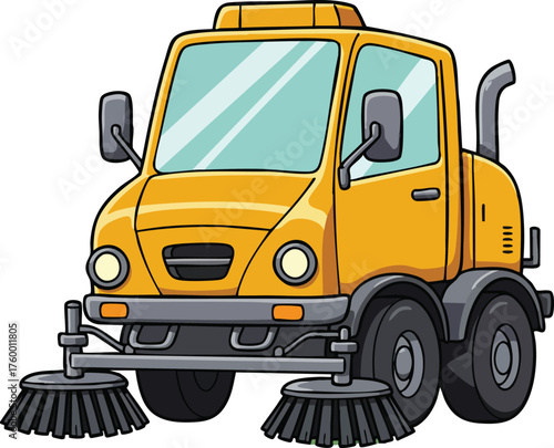 Yellow street sweeper vehicle cleaning urban roads with rotating brushes vector illustration 