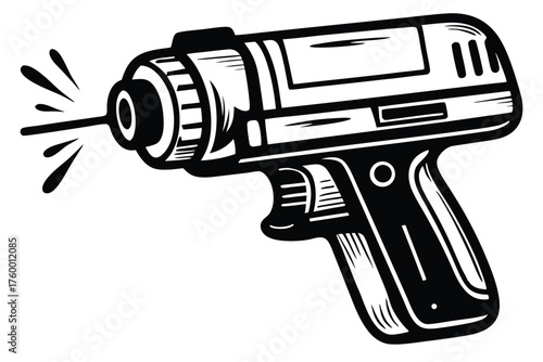 A stylized black and white power drill sprays liquid from the bit end
