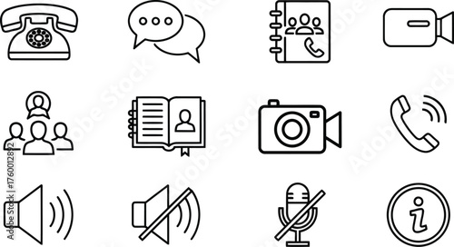 Vector art of set of twelve line art icons depicting various communication and technology symbols, including phones, video camera, chat bubbles, and contact book