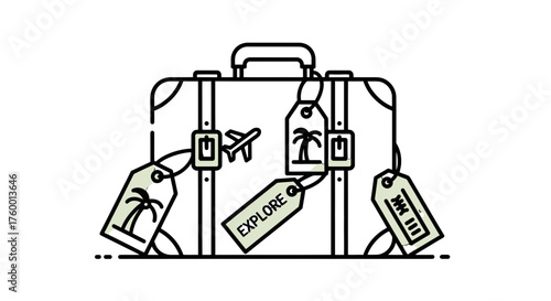 Minimalist Luggage Illustration with Exploration Tags, Travel Concepts and Journey Elements