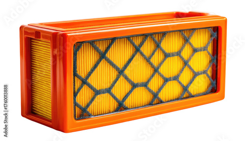 Rectangular air filter with an orange frame & diamond patterned face