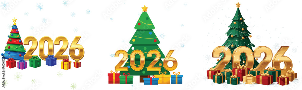 Naklejka premium Happy New Year 2026 Golden Numbers Set with Christmas Trees. Holiday Design Collection with Realistic Gifts and Snowflakes for Greeting Cards