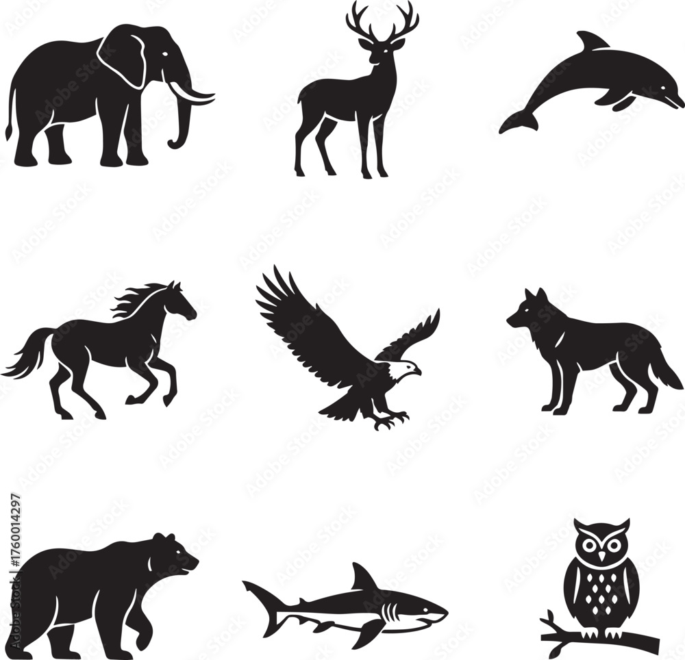 Fototapeta premium Majestic Wild Animals Black Silhouette Vector Icon Set (9 Species)