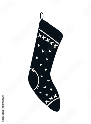 Hanging Christmas stocking, isolated on transparent. Hand drawn flat vector illustration. Traditional holiday, Epiphany, Three Kings Day, seasonal design element, clip art