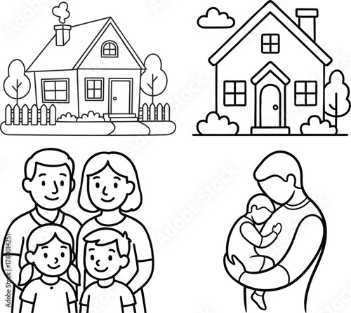 Happy family with child cartoon vector illustration set in a colorful home building for coloring book line art.