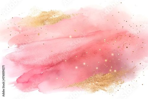 Luxurious Abstract Pink Watercolor Brush Stroke with Gold Glitter and Foil Texture on White Background