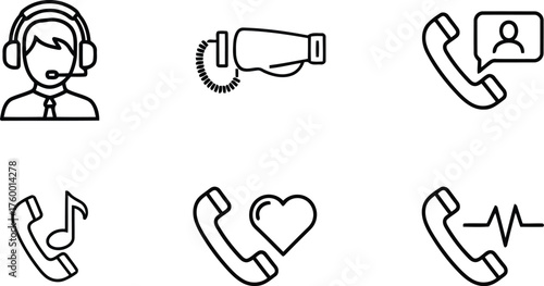 Vector art of collection of 6 outline icons representing communication and customer service, including a headset, handset, call icons, music note, heart, and heartbeat