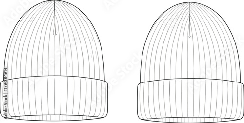Knit beanie illustration, ribbed winter hat sketch, folded brim design, fashion accessory drawing, minimalist headwear, apparel concept art, monochrome style