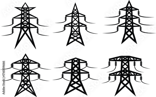 Electrical transmission tower silhouettes in varied structural designs, ideal for energy, infrastructure, engineering, and industrial-themed vector illustration content.