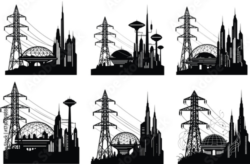 Futuristic cityscape silhouettes with skyscrapers, domes, power lines, and sci-fi architecture in black and white vector illustration design