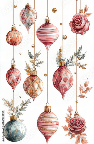 Watercolor Christmas ornaments on white background, festive holiday decor