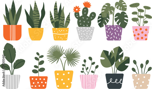 Colorful potted plants, cartoon houseplant set, decorative foliage styles, flowering cactus, patterned pots, botanical illustration, indoor greenery design
