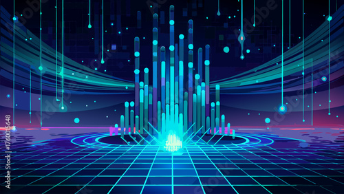 Abstract Technology Data Stream Visualization. Digital Columns with Glowing Particles on a Grid Background, Future Tech Concept Design Illustration on Purple and Blue.