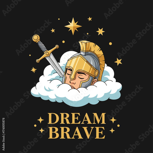 A celestial warrior dreams bravely on a cloud, an inspirational vector illustration with a sword and stars for a motivational concept