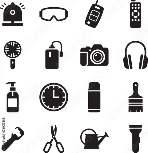 Essential Gadgets, Utilities, and Tools - Black Silhouette Icon Set