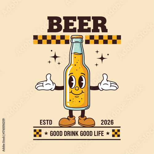 Retro mascot illustration of a cheerful beer bottle character, vintage cartoon style emblem with a happy face for a beverage brand concept